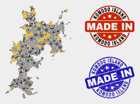 Mosaic industrial Komodo Island map and blue Made In textured stamp. Vector geographic abstraction model for service, or patriotic templates. Mosaic of Komodo Island map combined of scattered gears,のイラスト素材
