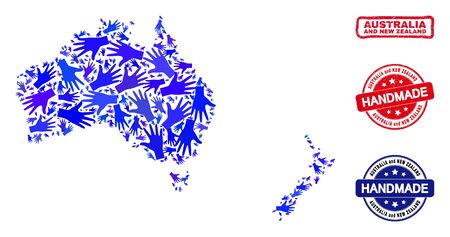 Vector handmade composition of Australia and New Zealand map and rubber stamp seals. Mosaic Australia and New Zealand map is composed of random blue hands.のイラスト素材