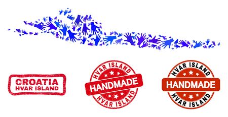 Vector handmade combination of Hvar Island map and grunge watermarks. Mosaic Hvar Island map is formed with scattered blue hands. Rounded and wry red seals with grunge rubber texture.のイラスト素材