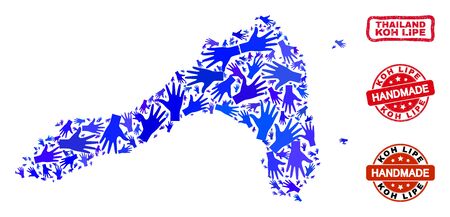 Vector handmade composition of Koh Lipe map and rubber seals. Mosaic Koh Lipe map is made with scattered blue hands. Rounded and awry red stamp imprints with grunge rubber texture.のイラスト素材