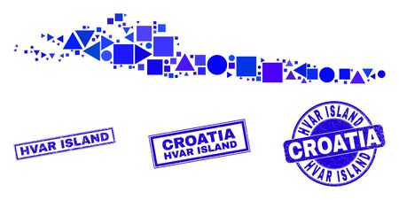 Vector mosaic Hvar Island map. Geographic collage in blue color tones, and unclean round and rectangle seal stamps. Abstract collage of Hvar Island map made of round, tringle, square geometric spots.のイラスト素材