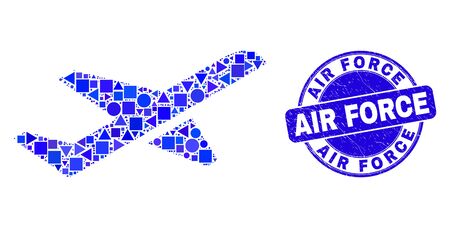 Geometric airplane takeoff mosaic pictogram and Air Force watermark. Blue vector rounded scratched watermark with Air Force text. Abstract mosaic of airplane takeoff organized of spheric, triangles,のイラスト素材