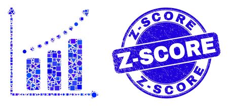 Geometric growing chart mosaic icon and Z-Score seal. Blue vector round grunge seal stamp with Z-Score message. Abstract mosaic of growing chart combined of circle, tringle, square geometric spots.のイラスト素材