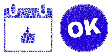 Geometric thumb up calendar page mosaic pictogram and OK stamp. Blue vector rounded grunge seal stamp with OK title. Abstract mosaic of thumb up calendar page made of spheric, triangles,のイラスト素材