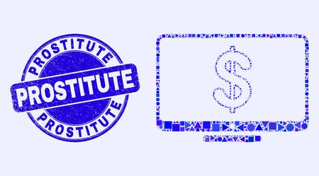 Geometric financial display mosaic icon and Prostitute stamp. Blue vector round scratched seal stamp with Prostitute caption. Abstract composition of financial display constructed of round, triangles,のイラスト素材