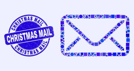 Geometric envelope mosaic pictogram and Christmas Mail stamp. Blue vector round scratched seal stamp with Christmas Mail text. Abstract concept of envelope created of spheric, tringle,のイラスト素材
