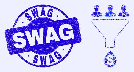 Geometric sales funnel mosaic pictogram and Swag seal. Blue vector round grunge seal stamp with Swag title. Abstract mosaic of sales funnel constructed of circle, triangles, square geometric elements.のイラスト素材