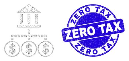 Web mesh bank hierarchy pictogram and Zero Tax seal stamp. Blue vector rounded textured seal stamp with Zero Tax message. Abstract frame mesh polygonal model created from bank hierarchy icon.のイラスト素材