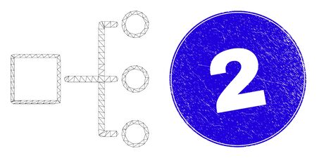 Web mesh hierarchy pictogram and 2 seal stamp. Blue vector rounded textured seal stamp with 2 phrase. Abstract frame mesh polygonal model created from hierarchy icon.のイラスト素材