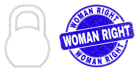 Web mesh iron pound icon and Woman Right seal stamp. Blue vector rounded distress seal with Woman Right title. Abstract carcass mesh polygonal model created from iron pound icon.のイラスト素材