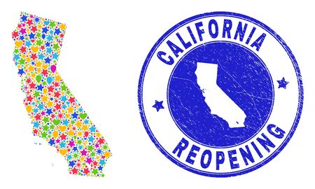 Celebrating California State map mosaic and reopening textured stamp seal. Vector mosaic California State map is designed with randomized stars, hearts, balloons.のイラスト素材