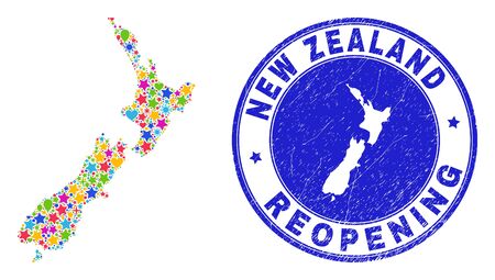 Celebrating New Zealand map mosaic and reopening rubber watermark. Vector mosaic New Zealand map is designed with scattered stars, hearts, balloons.のイラスト素材