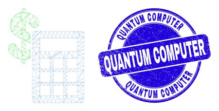 Web mesh financial calculator icon and Quantum Computer seal stamp. Blue vector rounded grunge seal with Quantum Computer caption.のイラスト素材