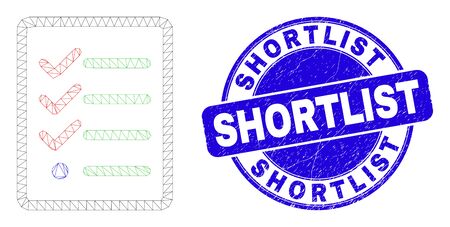 Web mesh task list page icon and Shortlist watermark. Blue vector round textured watermark with Shortlist caption. Abstract carcass mesh polygonal model created from task list page icon.のイラスト素材