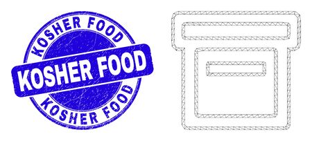 Web carcass box icon and Kosher Food seal stamp. Blue vector rounded scratched seal stamp with Kosher Food message. Abstract frame mesh polygonal model created from box icon.のイラスト素材