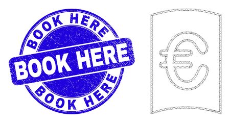 Web carcass currency handbook icon and Book Here seal stamp. Blue vector round textured seal stamp with Book Here text. Abstract carcass mesh polygonal model created from currency handbook icon.のイラスト素材
