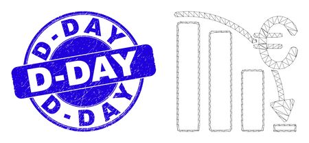 Web mesh euro crisis chart icon and D-Day seal stamp. Blue vector round textured seal stamp with D-Day text. Abstract carcass mesh polygonal model created from euro crisis chart pictogram.のイラスト素材