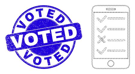 Web mesh smartphone task list icon and Voted seal. Blue vector round textured seal with Voted text. Abstract frame mesh polygonal model created from smartphone task list icon.のイラスト素材