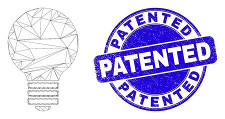 Web mesh electric bulb icon and Patented seal stamp. Blue vector rounded textured stamp with Patented message. Abstract carcass mesh polygonal model created from electric bulb icon.のイラスト素材