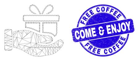 Web mesh gift hand pictogram and Free Coffee Come & Enjoy seal. Blue vector rounded textured seal stamp with Free Coffee Come & Enjoy text.のイラスト素材