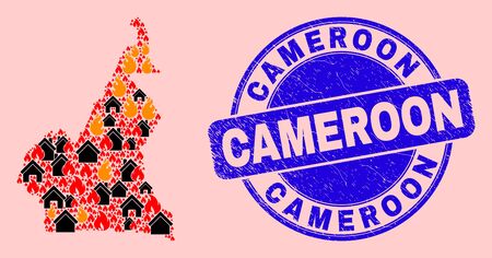 Fire disaster and homes collage Cameroon map and Cameroon corroded stamp. Vector collage Cameroon map is formed from randomized burning homes.のイラスト素材