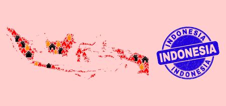 Fire hazard and homes collage Indonesia map and Indonesia scratched watermark. Vector collage Indonesia map is constructed of scattered burning homes.のイラスト素材