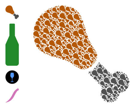 Vector fried chicken leg mosaic is formed of repeating recursive fried chicken leg icons. Recursion mosaic of fried chicken leg. Some other icons are present in this vector.のイラスト素材