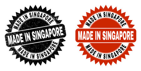 Black rosette MADE IN SINGAPORE stamp. Flat vector textured watermark with MADE IN SINGAPORE phrase inside sharp rosette, and original clean source. Watermark with unclean texture.のイラスト素材