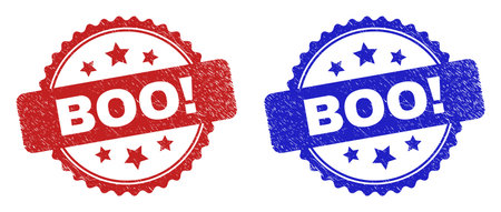Rosette BOO! watermarks. Flat vector distress watermarks with BOO! caption inside rosette with stars, in blue and red color variants. Watermarks with unclean style.のイラスト素材