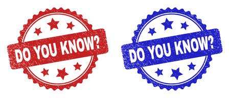 Rosette DO YOU KNOW? seal stamps. Flat vector grunge stamps with DO YOU KNOW? title inside rosette with stars, in blue and red color versions. Watermarks with scratched style.のイラスト素材