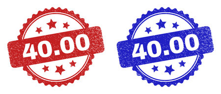 Rosette 40.00 seal stamps. Flat vector grunge seal stamps with 40.00 caption inside rosette with stars, in blue and red color versions. Watermarks with distress surface.のイラスト素材