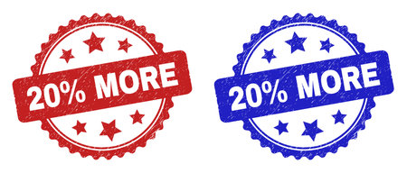 Rosette 20% MORE seals. Flat vector scratched seals with 20% MORE text inside rosette with stars, in blue and red color variants. Rubber imitations with scratched surface.のイラスト素材
