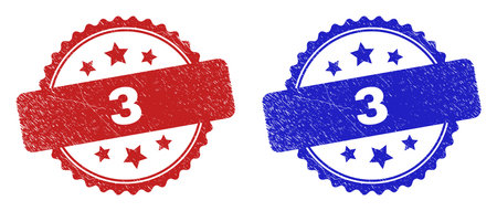 Rosette 3 seal stamps. Flat vector scratched seal stamps with 3 phrase inside rosette shape with stars, in blue and red color variants. Watermarks with unclean texture.のイラスト素材