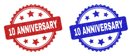 Rosette 10 ANNIVERSARY seal stamps. Flat vector grunge seal stamps with 10 ANNIVERSARY caption inside rosette shape with stars, in blue and red color variants. Rubber imitations with corroded surface.のイラスト素材