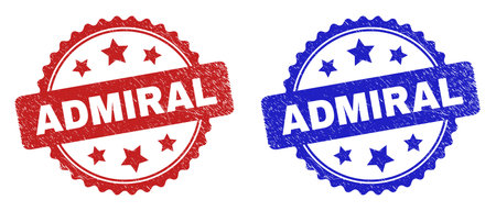 Rosette ADMIRAL watermarks. Flat vector scratched seals with ADMIRAL message inside rosette shape with stars, in blue and red color variants. Watermarks with corroded texture.のイラスト素材