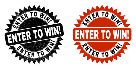 Black rosette ENTER TO WIN! watermark. Flat vector scratched stamp with ENTER TO WIN! title inside sharp rosette, and original clean source. Watermark with distress style.のイラスト素材