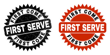 Black rosette FIRST COME FIRST SERVE seal stamp. Flat vector grunge seal stamp with FIRST COME FIRST SERVE title inside sharp rosette, and original clean template. Imprint with unclean surface.のイラスト素材