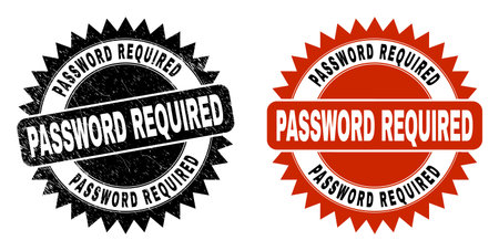 Black rosette PASSWORD REQUIRED seal stamp. Flat vector scratched seal ...