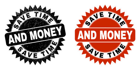 Black rosette SAVE TIME AND MONEY seal stamp. Flat vector scratched seal stamp with SAVE TIME AND MONEY message inside sharp rosette, and original clean source. Watermark with scratched style.のイラスト素材