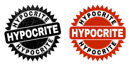 Black rosette HYPOCRITE watermark. Flat vector distress seal with HYPOCRITE text inside sharp rosette, and original clean version. Watermark with distress surface.のイラスト素材