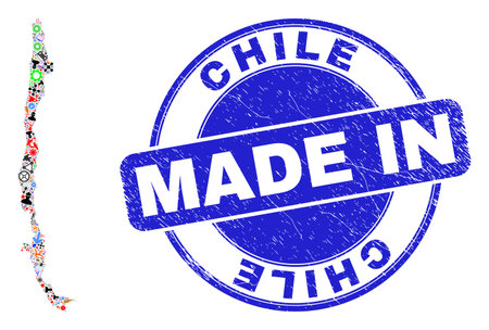 Technical Chile map mosaic and MADE IN distress stamp. Chile map collage composed with wrenches,wheels, tools,elements,vehicles,electricity sparks,bugs.のイラスト素材
