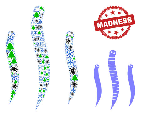 Winter Covid-2019 composition worms, and textured Madness red rosette stamp imitation. Collage worms is organized of Covid-2019, forest, and snow symbols. Red Madness stamp uses rosette form.のイラスト素材