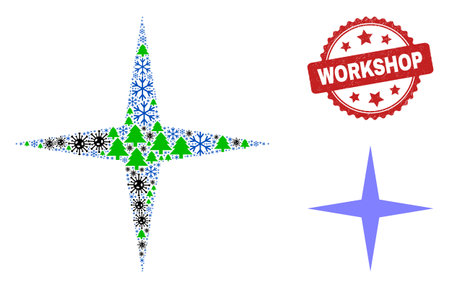 Winter viral collage space star, and distress Workshop red rosette stamp. Collage space star is made from virus, forest, and snowflake icons. Red Workshop stamp seal uses rosette form.のイラスト素材