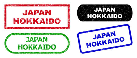 JAPAN HOKKAIDO grunge stamps. Flat vector textured seal stamps with JAPAN HOKKAIDO text inside different rectangle and rounded forms, in blue, red, green, black color variants.のイラスト素材