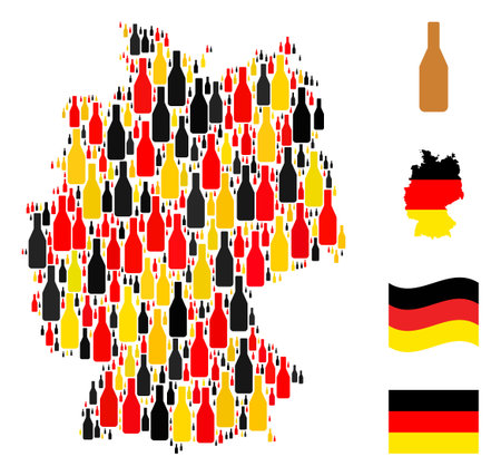 Germany geographic map mosaic in Germany flag official colors - red, yellow, black. Vector beer bottle design elements are scattered into stylized Germany map mosaic.のイラスト素材