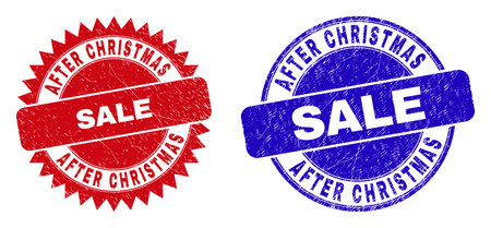 Rounded and rosette AFTER CHRISTMAS SALE seals. Flat vector textured seals with AFTER CHRISTMAS SALE text inside round and sharp rosette shape, in red and blue colors. Watermarks with grunged style,のイラスト素材