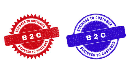 Round and rosette BUSINESS TO CUSTOMER B 2 C seal stamps. Flat vector distress seal stamps with BUSINESS TO CUSTOMER B 2 C phrase inside round and sharp rosette form, in red and blue colors.のイラスト素材