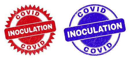 Round and rosette COVID INOCULATION seals. Flat vector scratched seals with COVID INOCULATION title inside round and sharp rosette form, in red and blue colors.のイラスト素材