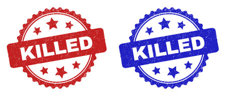 Rosette KILLED seal stamps. Flat vector scratched seal stamps with KILLED phrase inside rosette with stars, in blue and red color variants. Imprints with distress texture.のイラスト素材