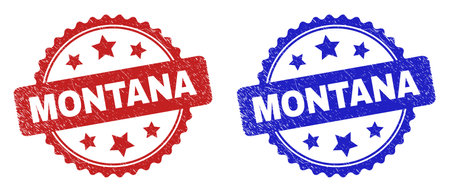 Rosette MONTANA stamps. Flat vector scratched stamps with MONTANA title inside rosette shape with stars, in blue and red color variants. Rubber imitations with unclean surface.のイラスト素材
